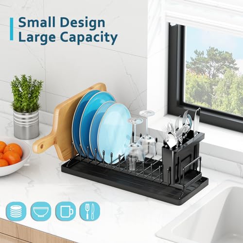 ANTOPY Small Dish Drying Rack - Compact Dish Rack for Kitchen Counter with Silicone Dish Drying Mat, Stainless Steel Dish Drainer for Kitchen Sink Cabinet, Space Saving Plate Rack Cutlery Holder - My Kitchen Products