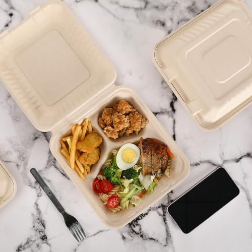 Aricsen 50 Pack 3 Compartment Compostable 8x9 Inch Takeout Lunch Box Containers with Lid To Go Take Out Clamshell for Food, Disposable Eco-Friendly Biodegradable Bagasse, PFAS-Free, Brown - My Kitchen Products