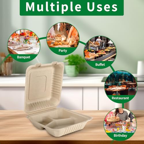 Aricsen 50 Pack 3 Compartment Compostable 8x9 Inch Takeout Lunch Box Containers with Lid To Go Take Out Clamshell for Food, Disposable Eco-Friendly Biodegradable Bagasse, PFAS-Free, Brown - My Kitchen Products