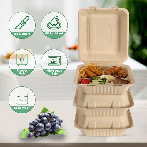 Aricsen 50 Pack 3 Compartment Compostable 8x9 Inch Takeout Lunch Box Containers with Lid To Go Take Out Clamshell for Food, Disposable Eco-Friendly Biodegradable Bagasse, PFAS-Free, Brown - My Kitchen Products