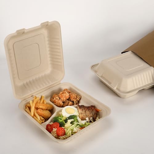 Aricsen 50 Pack 3 Compartment Compostable 8x9 Inch Takeout Lunch Box Containers with Lid To Go Take Out Clamshell for Food, Disposable Eco-Friendly Biodegradable Bagasse, PFAS-Free, Brown - My Kitchen Products
