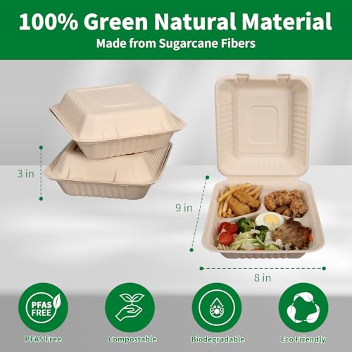 Aricsen 50 Pack 3 Compartment Compostable 8x9 Inch Takeout Lunch Box Containers with Lid To Go Take Out Clamshell for Food, Disposable Eco-Friendly Biodegradable Bagasse, PFAS-Free, Brown - My Kitchen Products