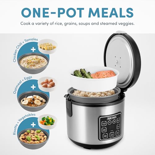 AROMA Digital Rice Cooker, 4-Cup (Uncooked) / 8-Cup (Cooked), Steamer, Grain Cooker, Multicooker, 2 Qt, Stainless Steel Exterior, ARC-914SBD - My Kitchen Products