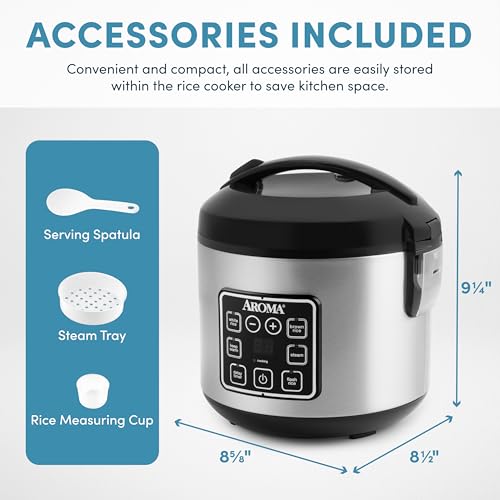 AROMA Digital Rice Cooker, 4-Cup (Uncooked) / 8-Cup (Cooked), Steamer, Grain Cooker, Multicooker, 2 Qt, Stainless Steel Exterior, ARC-914SBD - My Kitchen Products