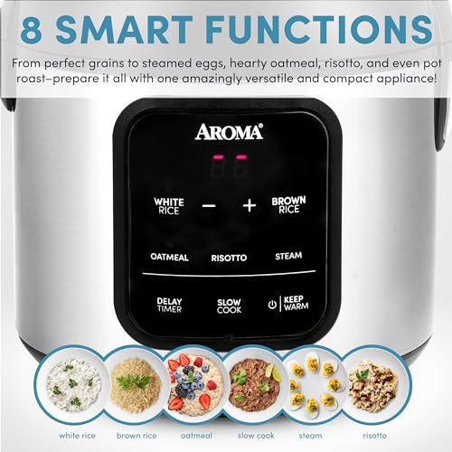 AROMA Digital Rice Cooker, 4-Cup (Uncooked) / 8-Cup (Cooked), Steamer, Multicooker, Slow Cooker, Oatmeal Cooker, Auto Keep Warm, 2 Qt, Stainless Steel Exterior - My Kitchen Products