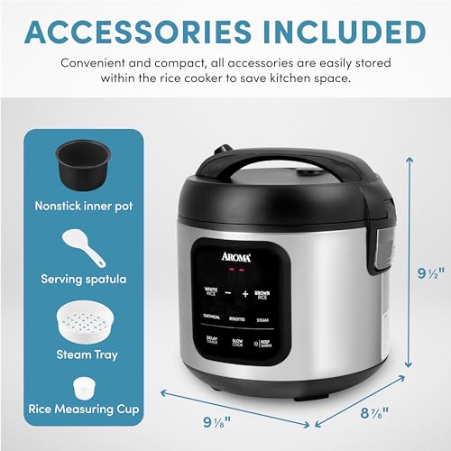 AROMA Digital Rice Cooker, 4-Cup (Uncooked) / 8-Cup (Cooked), Steamer, Multicooker, Slow Cooker, Oatmeal Cooker, Auto Keep Warm, 2 Qt, Stainless Steel Exterior - My Kitchen Products