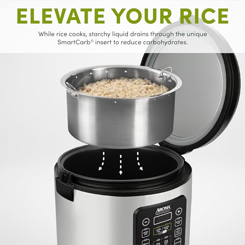 Aroma Housewares ARC-1120SBL SmartCarb Cool-Touch Stainless Steel Rice Multicooker Food Steamer, Slow Cooker with Non-Stick Inner Pot and Steam Tray, 20-Cup(cooked)/ 5Qt, Black - My Kitchen Products