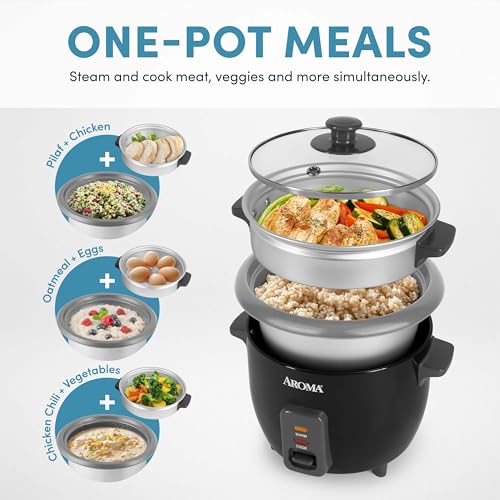 Aroma Housewares ARC-363-1NGB 3 Uncooked/6 Cups Cooked Rice Cooker, Steamer, Multicooker, 2-6 cups, Black - My Kitchen Products