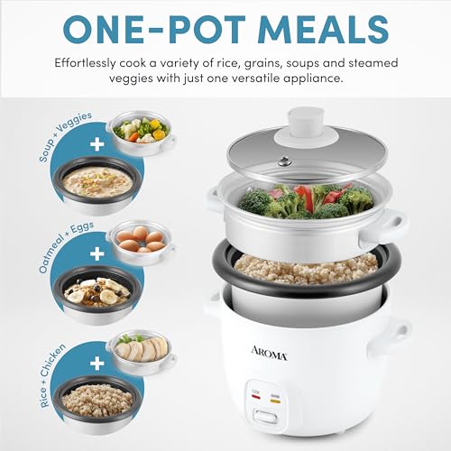 AROMA® Rice Cooker, 2-Cup (Uncooked) / 4-Cup (Cooked), Steamer, Grain Cooker, Soup Maker, Oatmeal Cooker, Auto Keep Warm, 1 Qt, White, ARC-302-1NG - My Kitchen Products