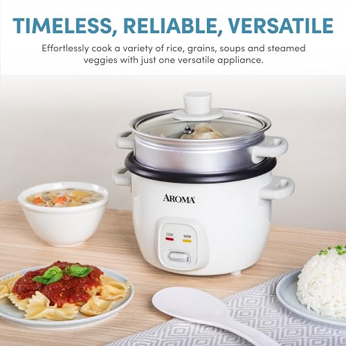 AROMA® Rice Cooker, 2-Cup (Uncooked) / 4-Cup (Cooked), Steamer, Grain Cooker, Soup Maker, Oatmeal Cooker, Auto Keep Warm, 1 Qt, White, ARC-302-1NG - My Kitchen Products