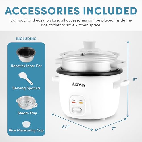 AROMA® Rice Cooker, 2-Cup (Uncooked) / 4-Cup (Cooked), Steamer, Grain Cooker, Soup Maker, Oatmeal Cooker, Auto Keep Warm, 1 Qt, White, ARC-302-1NG - My Kitchen Products