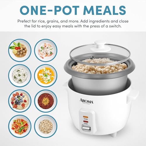 AROMA® Rice Cooker, 3-Cup (Uncooked) / 6-Cup (Cooked), Small Rice Cooker, Oatmeal Cooker, Soup Maker, Auto Keep Warm, 1.5 Qt, White, ARC-363NG - My Kitchen Products
