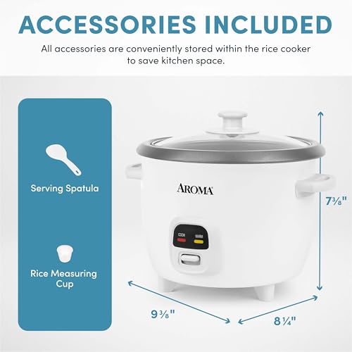 AROMA Rice Cooker, 3-Cup (Uncooked) / 6-Cup (Cooked), Small Rice Cooker, Oatmeal Cooker, Soup Maker, Auto Keep Warm, 1.5 Qt, White, ARC-393NG - My Kitchen Products