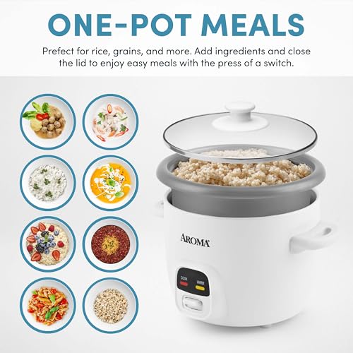 AROMA Rice Cooker, 3-Cup (Uncooked) / 6-Cup (Cooked), Small Rice Cooker, Oatmeal Cooker, Soup Maker, Auto Keep Warm, 1.5 Qt, White, ARC-393NG - My Kitchen Products