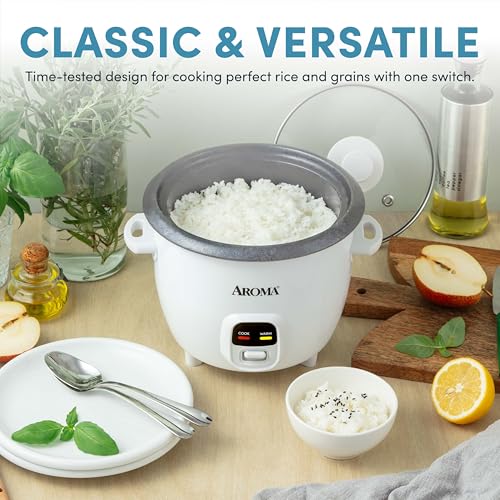 AROMA Rice Cooker, 3-Cup (Uncooked) / 6-Cup (Cooked), Small Rice Cooker, Oatmeal Cooker, Soup Maker, Auto Keep Warm, 1.5 Qt, White, ARC-393NG - My Kitchen Products