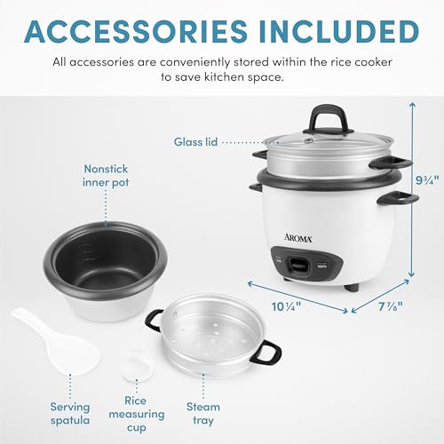 AROMA® Rice Cooker, 3-Cup (Uncooked) / 6-Cup (Cooked), Steamer, Small Rice Cooker, Oatmeal Cooker, Soup Maker, Auto Keep Warm, 1.5 Qt, White, ARC-743-1NG - My Kitchen Products
