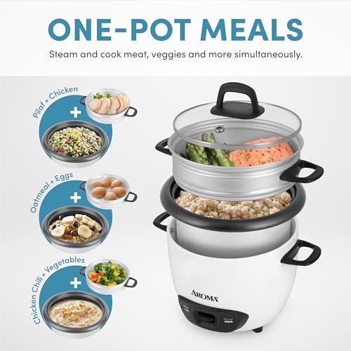 AROMA® Rice Cooker, 3-Cup (Uncooked) / 6-Cup (Cooked), Steamer, Small Rice Cooker, Oatmeal Cooker, Soup Maker, Auto Keep Warm, 1.5 Qt, White, ARC-743-1NG - My Kitchen Products