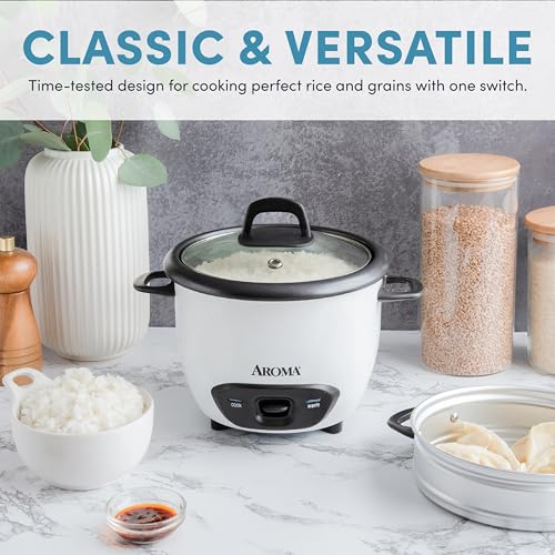 AROMA® Rice Cooker, 3-Cup (Uncooked) / 6-Cup (Cooked), Steamer, Small Rice Cooker, Oatmeal Cooker, Soup Maker, Auto Keep Warm, 1.5 Qt, White, ARC-743-1NG - My Kitchen Products