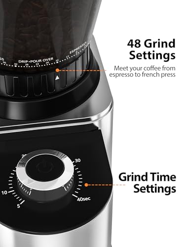 Aromaster Conical Coffee Bean Grinder with 48 Gind Settings,Burr Coffee Grinder for Home Use,Stainless Steel,40 Seconds Adjustable Timer,Anti-static,Easy to Clean with Brush,Classic Silver - My Kitchen Products