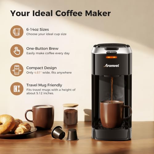 Aromvel Single Serve Coffee Maker for K Cup Pods, One Button Coffee Maker, 6-14oz Brew Sizes, Fits Travel Mug, Compact for Small Kitchen, Office, Dorm, RV, Silver - My Kitchen Products