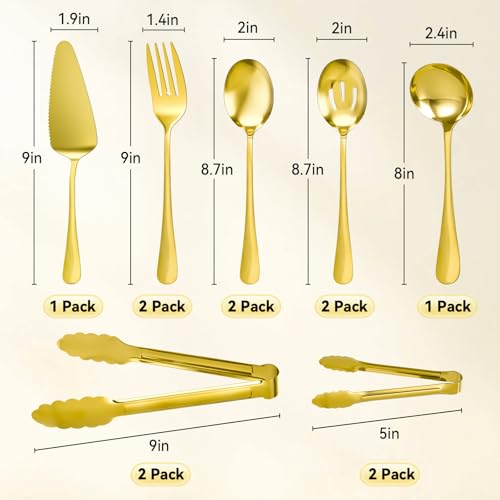 Artcochan 12 PCS Serving Utensils Gold, Stainless Steel Flatware Set Includes Large Serving Spoons, Slotted Spoons, Ladle, Forks, Tongs, Appetizers Tongs and Cake Server for Buffet Party Catering - My Kitchen Products