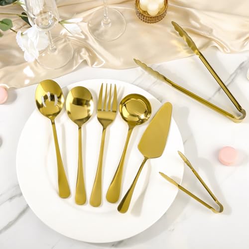 Artcochan 12 PCS Serving Utensils Gold, Stainless Steel Flatware Set Includes Large Serving Spoons, Slotted Spoons, Ladle, Forks, Tongs, Appetizers Tongs and Cake Server for Buffet Party Catering - My Kitchen Products