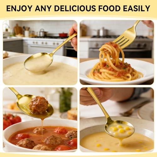 Artcochan 12 PCS Serving Utensils Gold, Stainless Steel Flatware Set Includes Large Serving Spoons, Slotted Spoons, Ladle, Forks, Tongs, Appetizers Tongs and Cake Server for Buffet Party Catering - My Kitchen Products