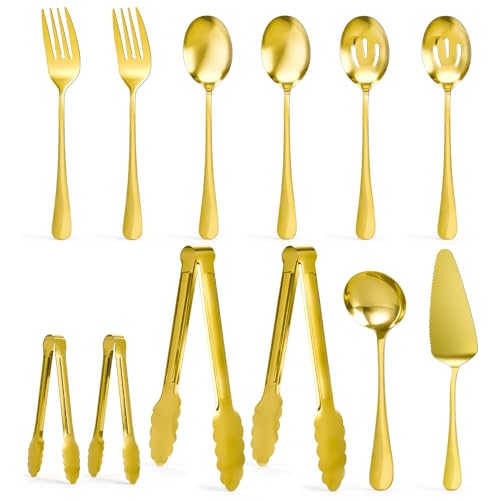 Artcochan 12 PCS Serving Utensils Gold, Stainless Steel Flatware Set Includes Large Serving Spoons, Slotted Spoons