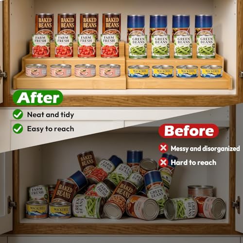 Artcochan 3 Tier Expandable Bamboo Can Rack Organizer for Pantry，Adjustable Pantry Organizers Holds Up to 24 Soda Cans,Canned Food Storage for Kitchen Cabinet Countertop - My Kitchen Products