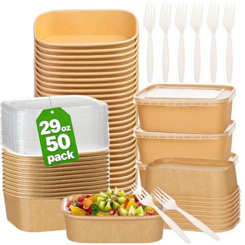 Artuxer 50 Pack 29Oz Disposable Meal Prep Containers With Lids and Forks-Disposable Kraft Paper Bowls-to go food containers-Microwavable and Freezer Safe Take Out Containers - My Kitchen Products