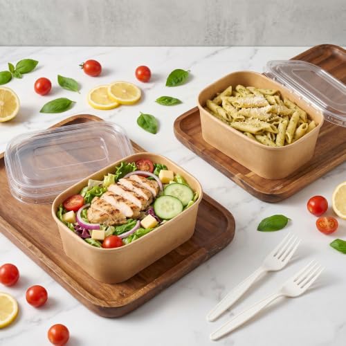 Artuxer 50 Pack 29Oz Disposable Meal Prep Containers With Lids and Forks-Disposable Kraft Paper Bowls-to go food containers-Microwavable and Freezer Safe Take Out Containers - My Kitchen Products