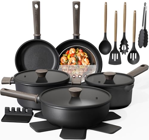 Astercook 19 Pcs Pots and Pans Set Non Stick, Black Titanium Induction Kitchen Cookware Sets, Non toxic Healthy Kitchen Cooking Set with Frying Pans Set, PTFE PFOA PFOS Free, Fathers Day Gift for Men - My Kitchen Products