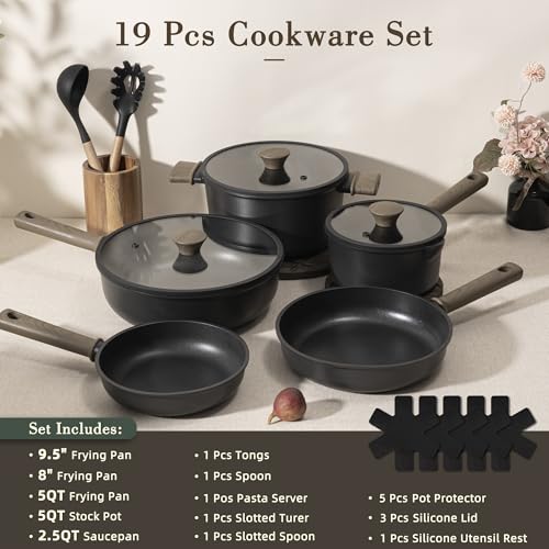 Astercook 19 Pcs Pots and Pans Set Non Stick, Black Titanium Induction Kitchen Cookware Sets, Non toxic Healthy Kitchen Cooking Set with Frying Pans Set, PTFE PFOA PFOS Free, Fathers Day Gift for Men - My Kitchen Products