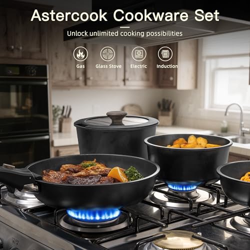 Astercook 21 Pcs Pots and Pans Set Non Stick, Ceramic Cookware Set Detachable Handle, RV Kitchen Cooking Set Removable Handles, Oven Safe, Induction Ready, Stackable, Black, Fathers Day Gift for Men - My Kitchen Products