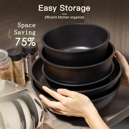 Astercook 21 Pcs Pots and Pans Set Non Stick, Ceramic Cookware Set Detachable Handle, RV Kitchen Cooking Set Removable Handles, Oven Safe, Induction Ready, Stackable, Black, Fathers Day Gift for Men - My Kitchen Products