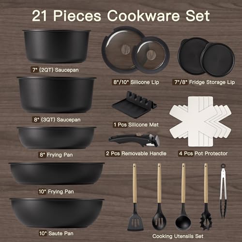 Astercook 21 Pcs Pots and Pans Set Non Stick, Ceramic Cookware Set Detachable Handle, RV Kitchen Cooking Set Removable Handles, Oven Safe, Induction Ready, Stackable, Black, Fathers Day Gift for Men - My Kitchen Products