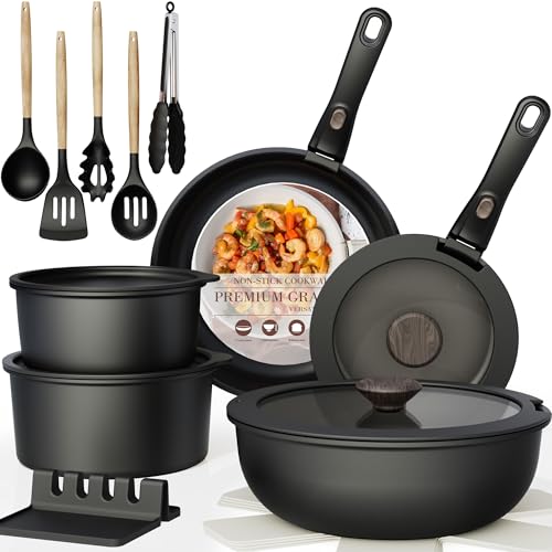 Astercook 21 Pcs Pots and Pans Set Non Stick, Ceramic Cookware Set Detachable Handle, RV Kitchen Cooking Set Removable Handles, Oven Safe, Induction Ready, Stackable, Black, Fathers Day Gift for Men - My Kitchen Products