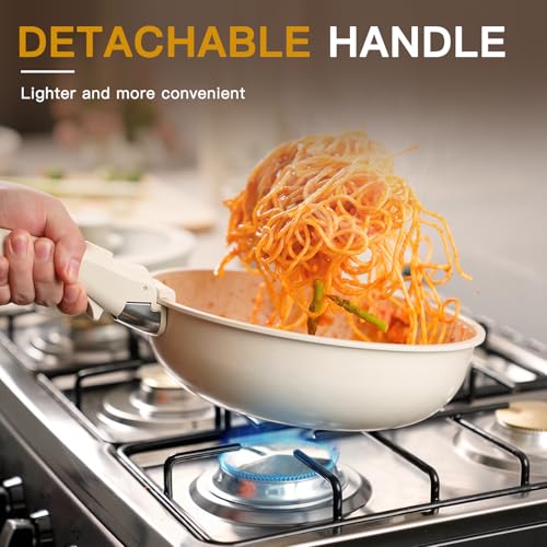 Astercook 23 Pcs Pots and Pans Set Non Stick, Ceramic Cookware Set Detachable Handle, RV Kitchen Cooking Set Removable Handles, Oven Safe, Induction Ready, Stackable, Cream, Fathers Day Gift for Men - My Kitchen Products