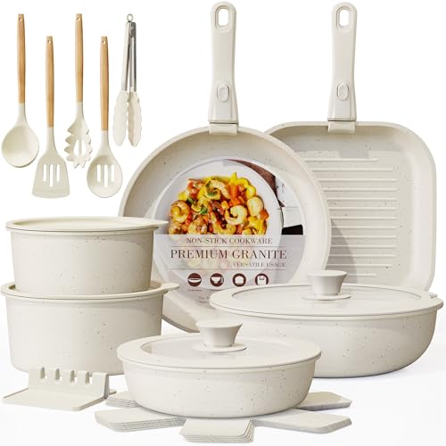 Astercook 23 Pcs Pots and Pans Set Non Stick, Ceramic Cookware Set Detachable Handle, RV Kitchen Cooking Set Removable Handles, Oven Safe, Induction Ready, Stackable, Cream, Fathers Day Gift for Men - My Kitchen Products
