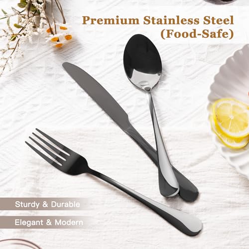 Astercook 24-Piece Black Silverware Set with Steak Knives Flatware Set for 4 Food-Grade Stainless Steel Cutlery Set Mirror Polished Utensils Set Include Spoons and Forks for Home Kitchen Restaurant - My Kitchen Products