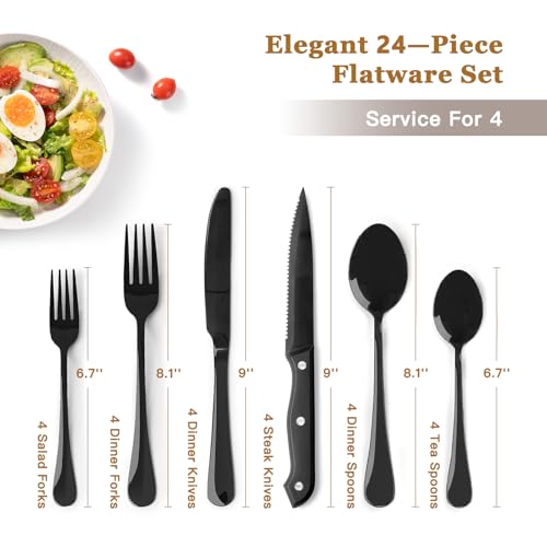 Astercook 24-Piece Black Silverware Set with Steak Knives Flatware Set for 4 Food-Grade Stainless Steel Cutlery Set Mirror Polished Utensils Set Include Spoons and Forks for Home Kitchen Restaurant - My Kitchen Products