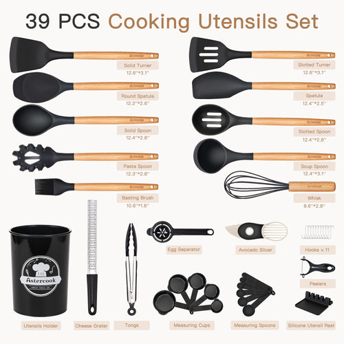 Astercook 39 PCS Kitchen Utensils Set, Silicone Cooking Utensil Sets with Wooden Handle, 446°F Heat Resistant Food Grade Spatula Set, BPA Free Kitchen Gadgets Tools Set & Spoons for Nonstick Cookware - My Kitchen Products
