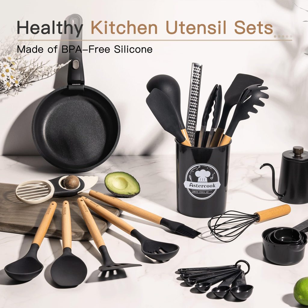 Astercook 39 PCS Kitchen Utensils Set, Silicone Cooking Utensil Sets with Wooden Handle, 446°F Heat Resistant Food Grade Spatula Set, BPA Free Kitchen Gadgets Tools Set & Spoons for Nonstick Cookware - My Kitchen Products