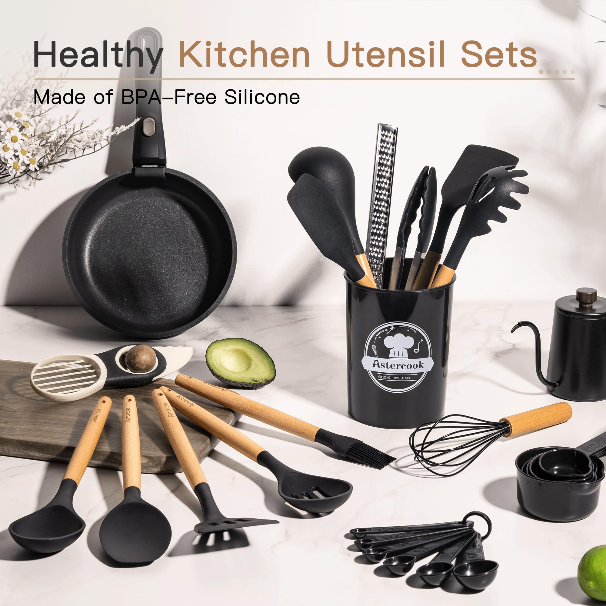 Astercook 39 PCS Kitchen Utensils Set, Silicone Cooking Utensil Sets with Wooden Handle, 446°F Heat Resistant Food Grade Spatula Set, BPA Free Kitchen Gadgets Tools Set & Spoons for Nonstick Cookware - My Kitchen Products