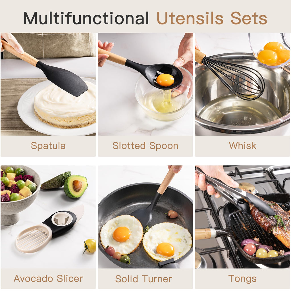 Astercook 39 PCS Kitchen Utensils Set, Silicone Cooking Utensil Sets with Wooden Handle, 446°F Heat Resistant Food Grade Spatula Set, BPA Free Kitchen Gadgets Tools Set & Spoons for Nonstick Cookware - My Kitchen Products