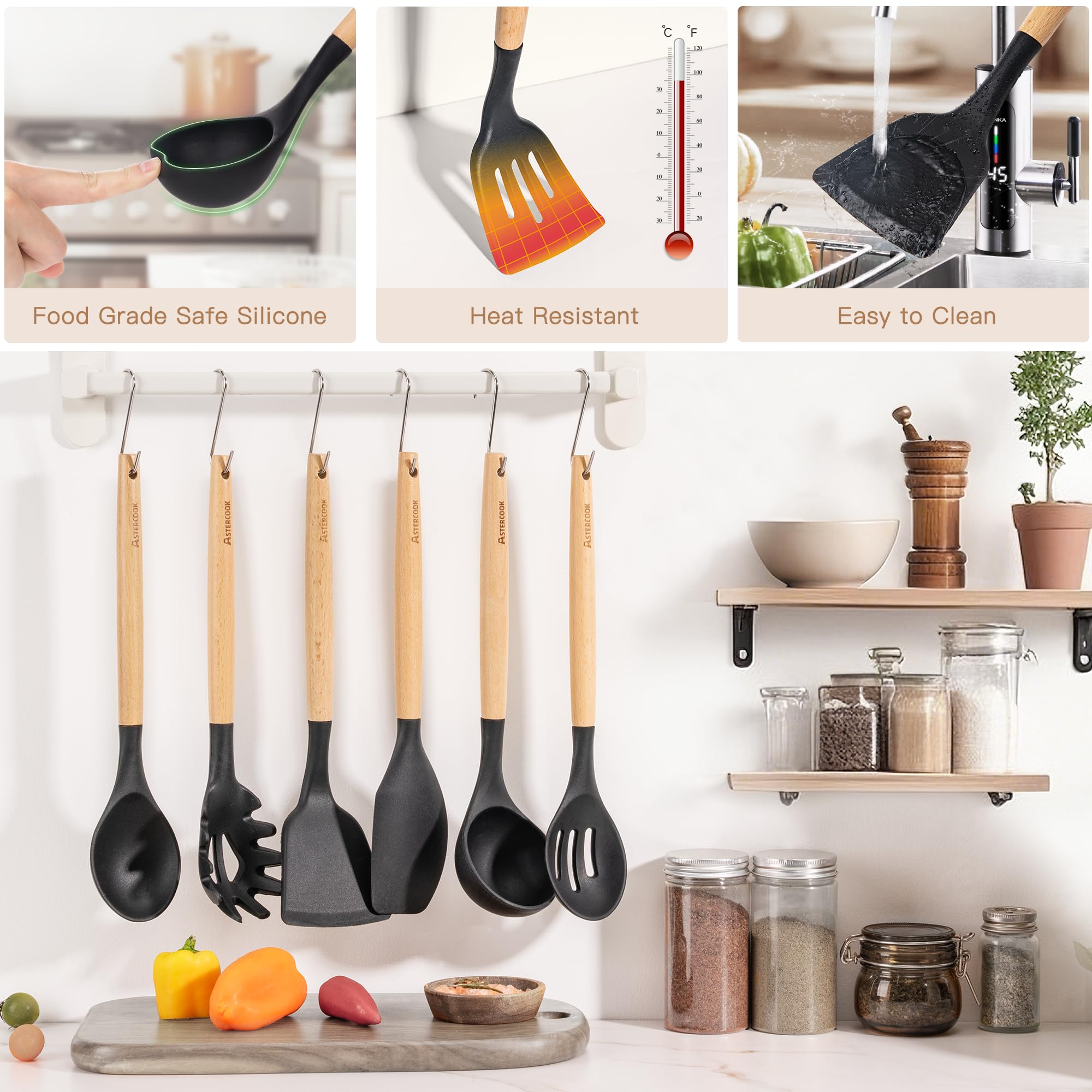 Astercook 39 PCS Kitchen Utensils Set, Silicone Cooking Utensil Sets with Wooden Handle, 446°F Heat Resistant Food Grade Spatula Set, BPA Free Kitchen Gadgets Tools Set & Spoons for Nonstick Cookware - My Kitchen Products