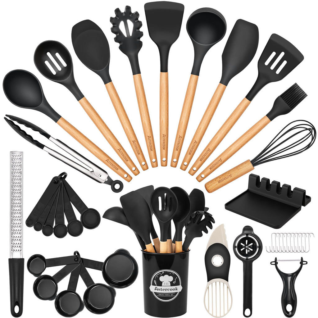 Astercook 39 PCS Kitchen Utensils Set, Silicone Cooking Utensil Sets with Wooden
