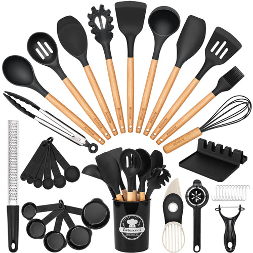 Astercook 39 PCS Kitchen Utensils Set, Silicone Cooking Utensil Sets with Wooden