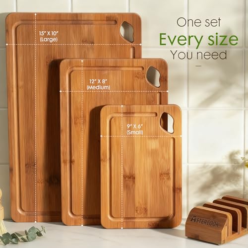 Astercook Deep-Carbonized Bamboo Cutting Boards for Kitchen with Wood Storage Stand, Reversible Charcuterie & Chopping Boards with Juice Grooves and Easy-Grip Handles, Fathers Day Gift for Men - My Kitchen Products