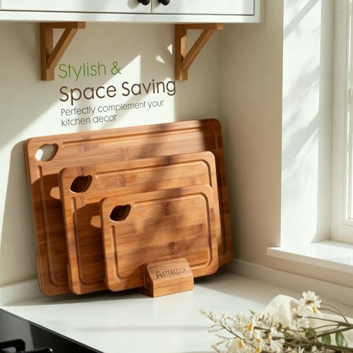 Astercook Deep-Carbonized Bamboo Cutting Boards for Kitchen with Wood Storage Stand, Reversible Charcuterie & Chopping Boards with Juice Grooves and Easy-Grip Handles, Fathers Day Gift for Men - My Kitchen Products